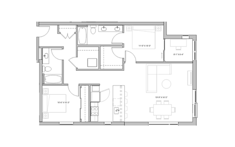 Floor plan for 2 beds, 2 baths, 1205 sqft